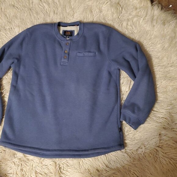 LEE Premium Select Thermal Sweater Mens XL Sherpa Lined Regular Fit Henley Blue - Picture 2 of 9